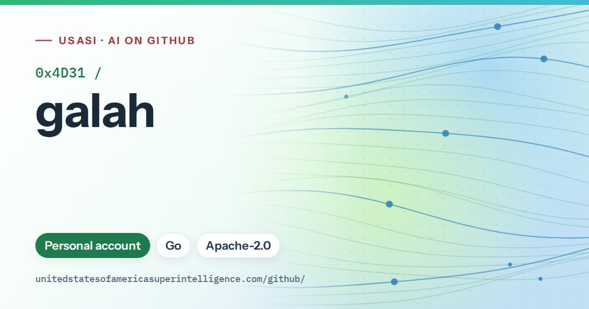 Generated teal flowing-wave artwork for 0x4D31/galah, labeled USASI · AI on GitHub, with Personal account · Go · Apache-2.0.