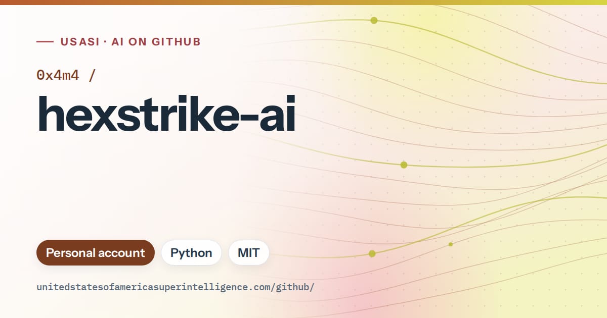 Generated orange flowing-wave artwork for 0x4m4/hexstrike-ai, labeled USASI · AI on GitHub, with Personal account · Python · MIT.