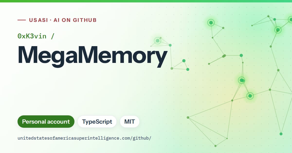 Generated green constellation network artwork for 0xK3vin/MegaMemory, labeled USASI · AI on GitHub, with Personal account · TypeScript · MIT.