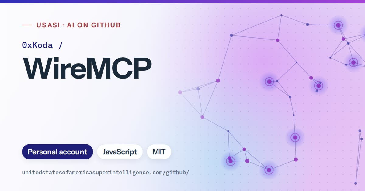 Generated blue constellation network artwork for 0xKoda/WireMCP, labeled USASI · AI on GitHub, with Personal account · JavaScript · MIT.
