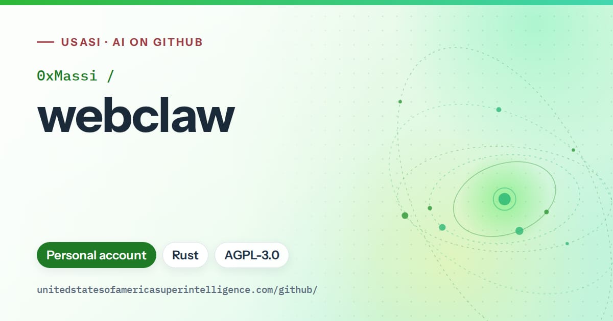 Generated green orbit artwork for 0xMassi/webclaw, labeled USASI · AI on GitHub, with Personal account · Rust · AGPL-3.0.