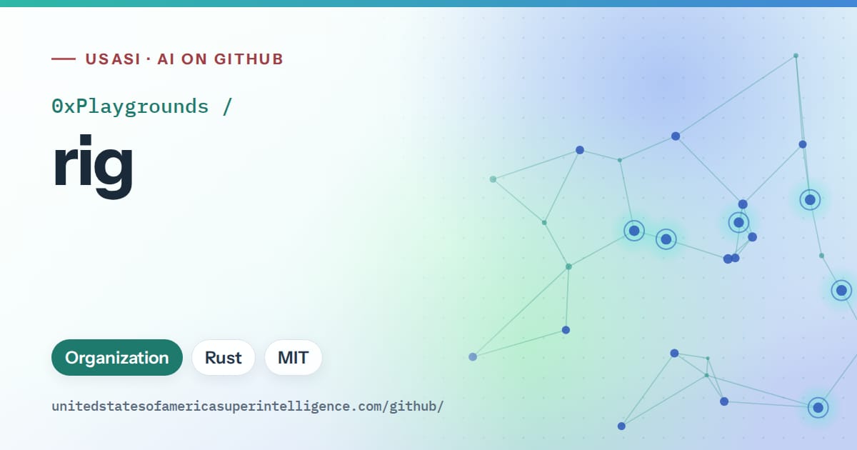 Generated teal constellation network artwork for 0xPlaygrounds/rig, labeled USASI · AI on GitHub, with Organization · Rust · MIT.