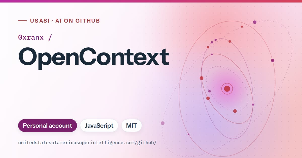Generated purple orbit artwork for 0xranx/OpenContext, labeled USASI · AI on GitHub, with Personal account · JavaScript · MIT.