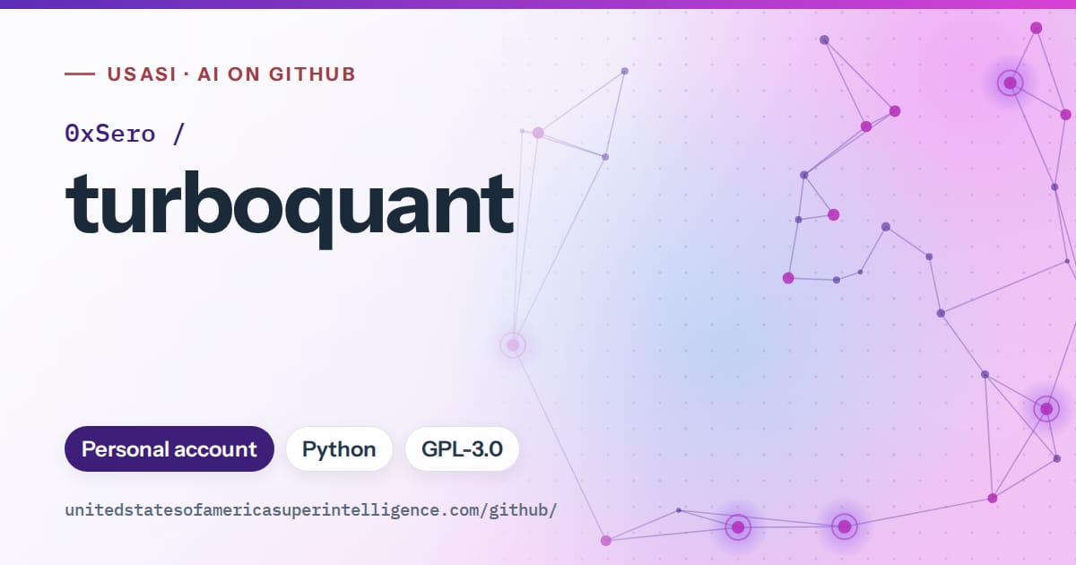 Generated violet constellation network artwork for 0xSero/turboquant, labeled USASI · AI on GitHub, with Personal account · Python · GPL-3.0.