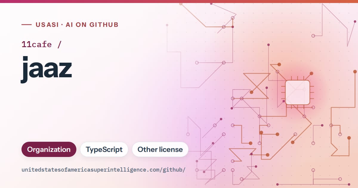 Generated pink circuit-trace artwork for 11cafe/jaaz, labeled USASI · AI on GitHub, with Organization · TypeScript · Other license.