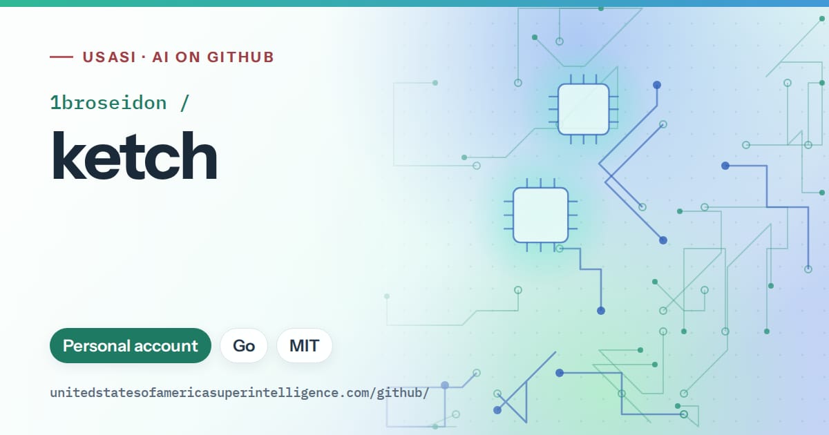 Generated teal circuit-trace artwork for 1broseidon/ketch, labeled USASI · AI on GitHub, with Personal account · Go · MIT.