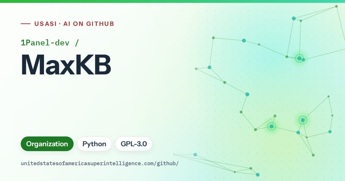 Generated green constellation network artwork for 1Panel-dev/MaxKB, labeled USASI · AI on GitHub, with Organization · Python · GPL-3.0.