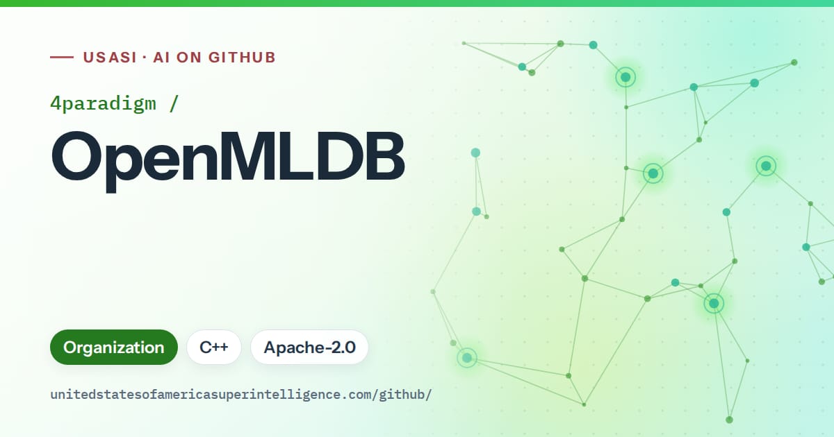 Generated green constellation network artwork for 4paradigm/OpenMLDB, labeled USASI · AI on GitHub, with Organization · C++ · Apache-2.0.