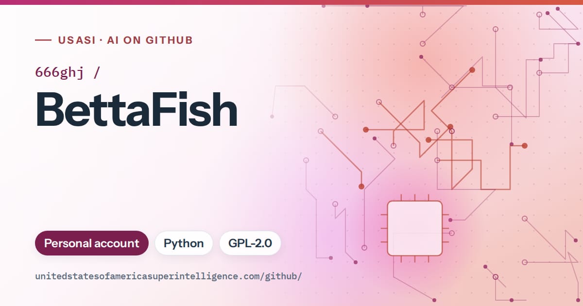 Generated pink circuit-trace artwork for 666ghj/BettaFish, labeled USASI · AI on GitHub, with Personal account · Python · GPL-2.0.