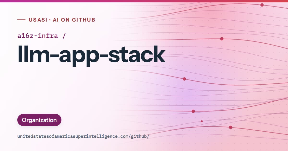 Generated purple flowing-wave artwork for a16z-infra/llm-app-stack, labeled USASI · AI on GitHub, with Organization.