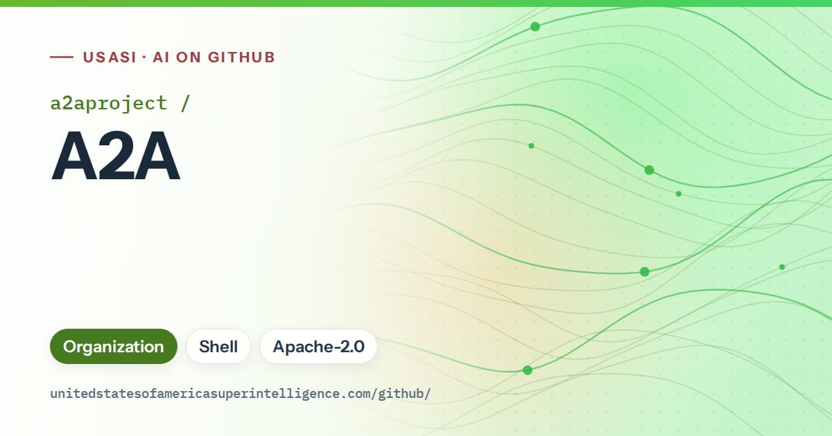 Generated green flowing-wave artwork for a2aproject/A2A, labeled USASI · AI on GitHub, with Organization · Shell · Apache-2.0.