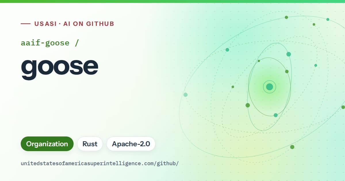 Generated green orbit artwork for aaif-goose/goose, labeled USASI · AI on GitHub, with Organization · Rust · Apache-2.0.