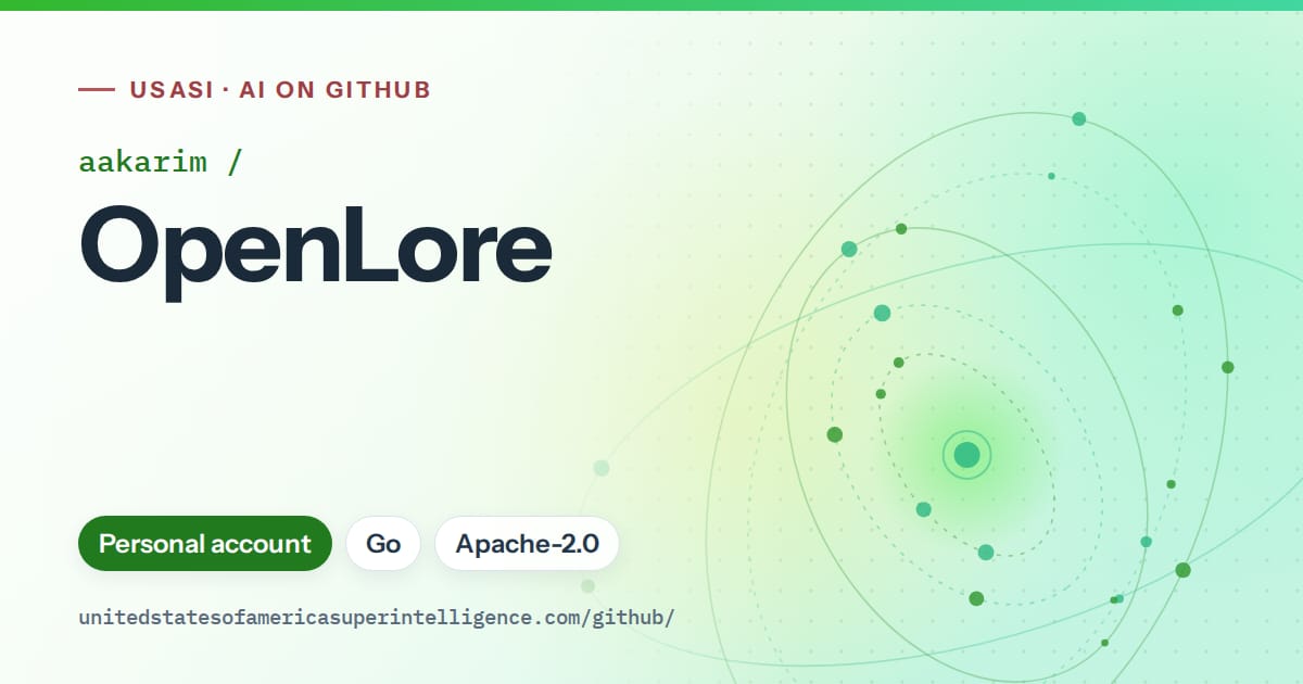 Generated green orbit artwork for aakarim/OpenLore, labeled USASI · AI on GitHub, with Personal account · Go · Apache-2.0.