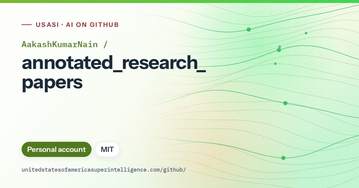 Generated green flowing-wave artwork for AakashKumarNain/annotated_research_papers, labeled USASI · AI on GitHub, with Personal account · MIT.