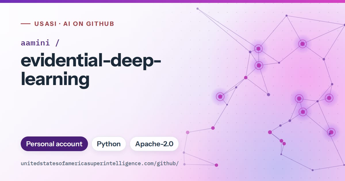 Generated violet constellation network artwork for aamini/evidential-deep-learning, labeled USASI · AI on GitHub, with Personal account · Python · Apache-2.0.
