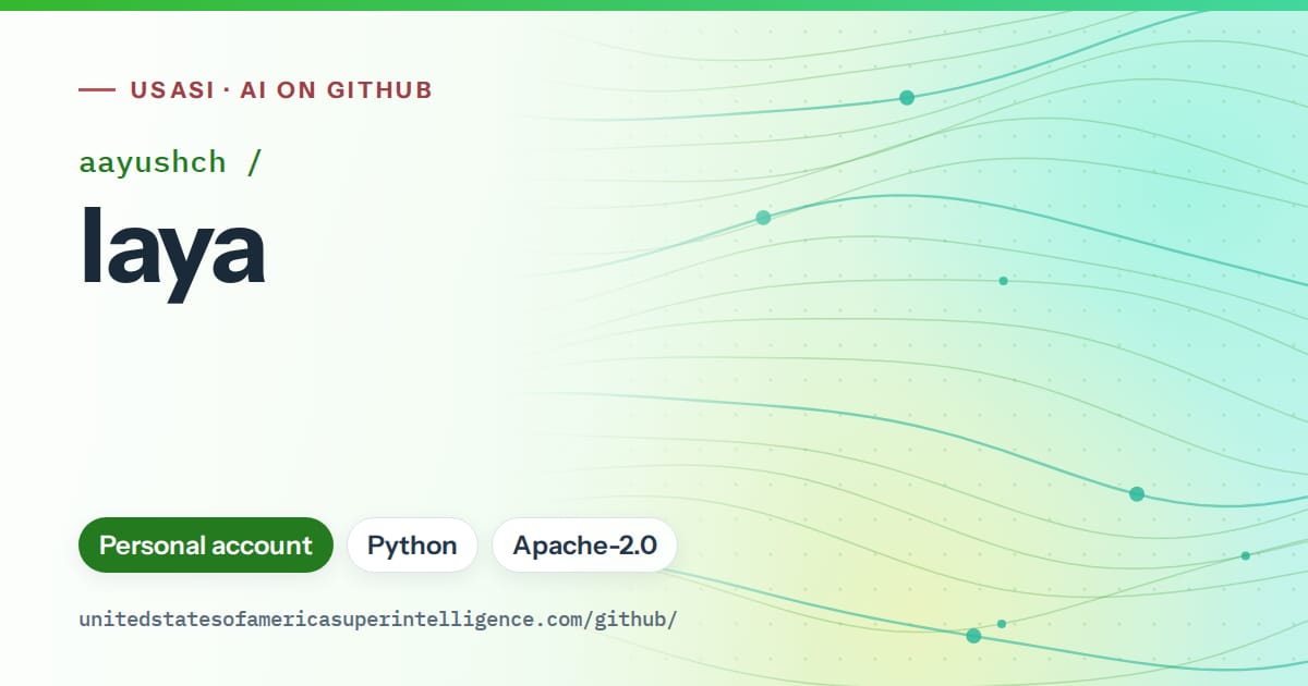 Generated green flowing-wave artwork for aayushch/laya, labeled USASI · AI on GitHub, with Personal account · Python · Apache-2.0.