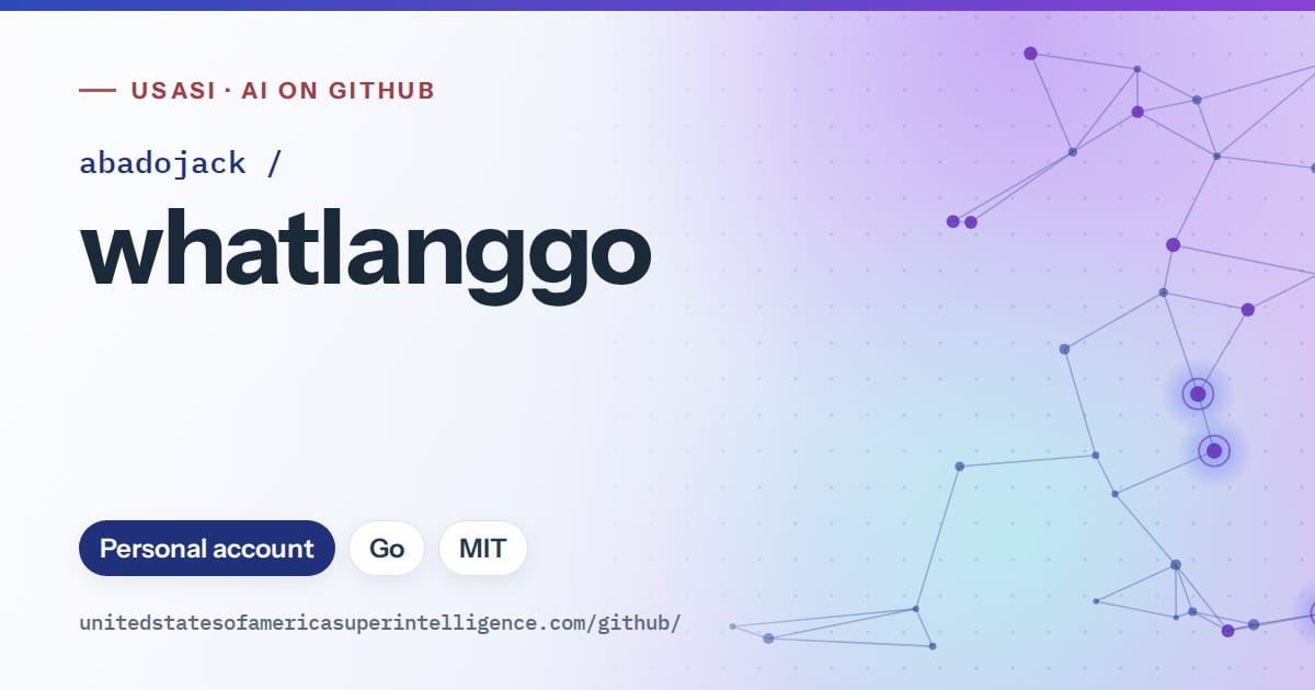 Generated blue constellation network artwork for abadojack/whatlanggo, labeled USASI · AI on GitHub, with Personal account · Go · MIT.