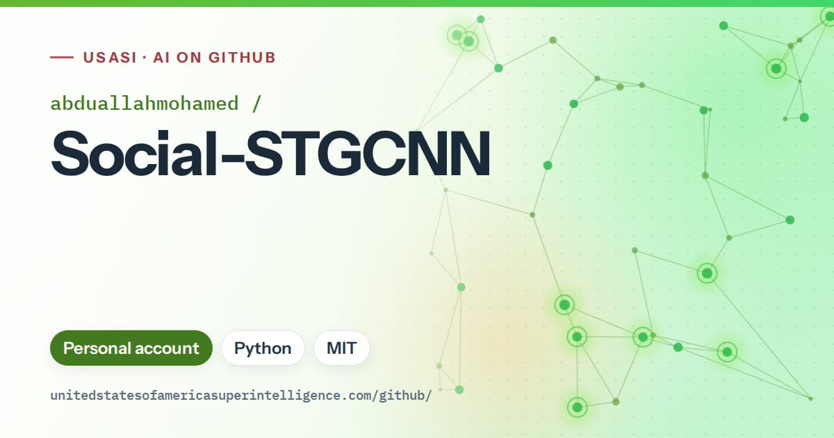 Generated green constellation network artwork for abduallahmohamed/Social-STGCNN, labeled USASI · AI on GitHub, with Personal account · Python · MIT.