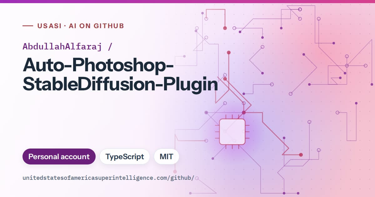 Generated purple circuit-trace artwork for AbdullahAlfaraj/Auto-Photoshop-StableDiffusion-Plugin, labeled USASI · AI on GitHub, with Personal account · TypeScript · MIT.