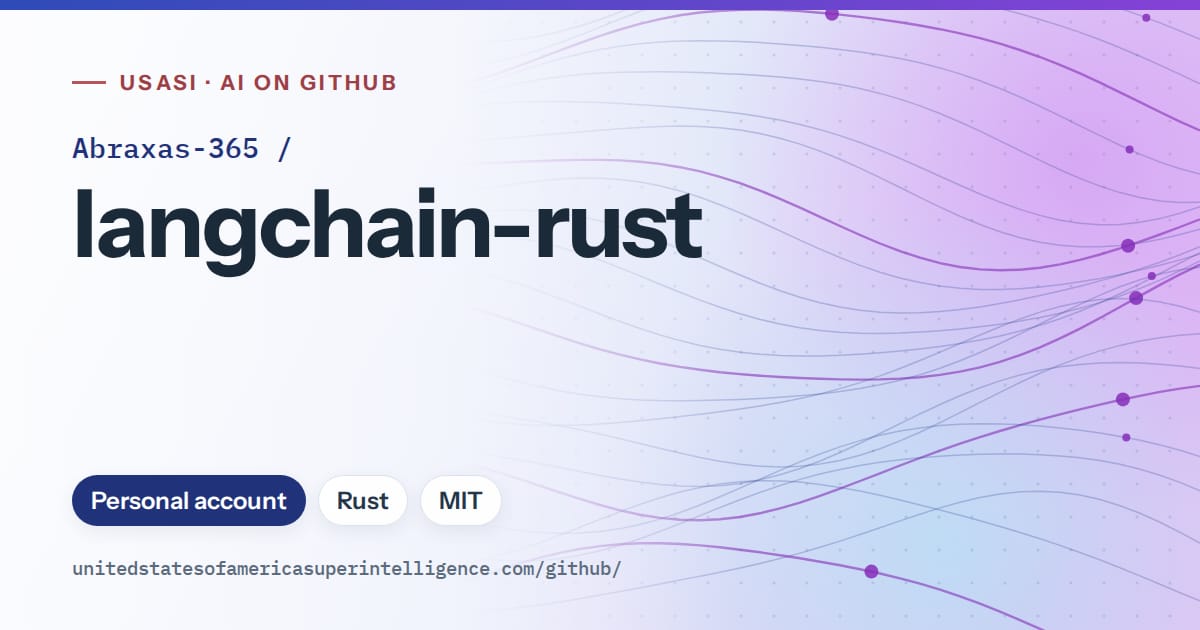 Generated blue flowing-wave artwork for Abraxas-365/langchain-rust, labeled USASI · AI on GitHub, with Personal account · Rust · MIT.