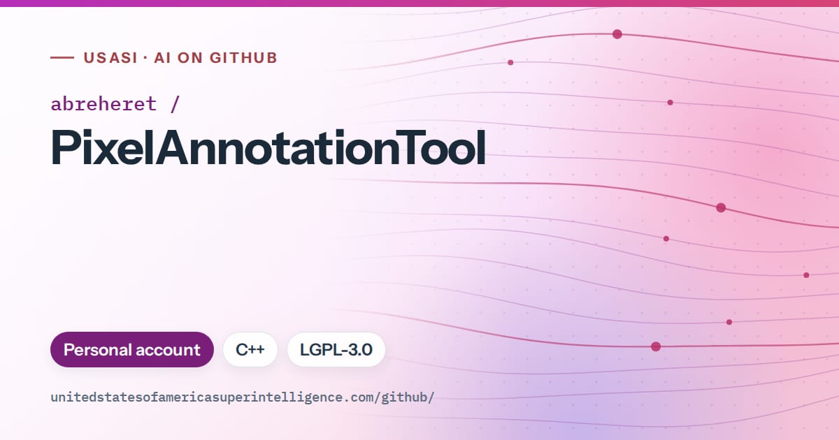 Generated purple flowing-wave artwork for abreheret/PixelAnnotationTool, labeled USASI · AI on GitHub, with Personal account · C++ · LGPL-3.0.