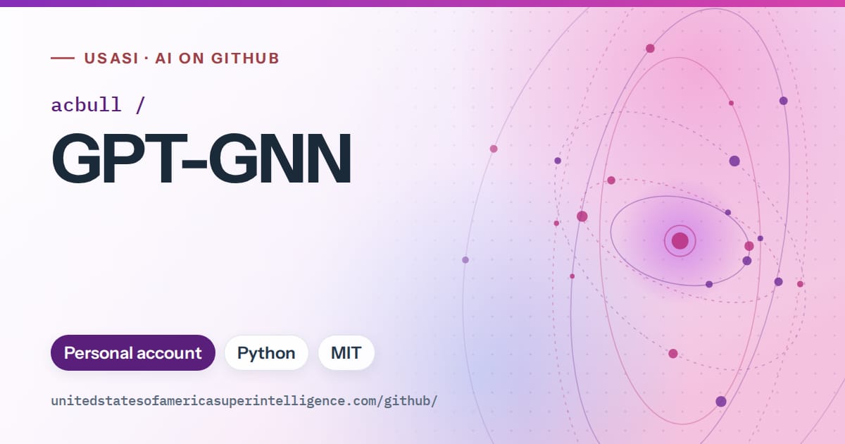 Generated violet orbit artwork for acbull/GPT-GNN, labeled USASI · AI on GitHub, with Personal account · Python · MIT.