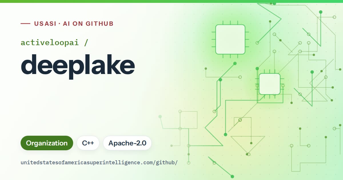 Generated green circuit-trace artwork for activeloopai/deeplake, labeled USASI · AI on GitHub, with Organization · C++ · Apache-2.0.