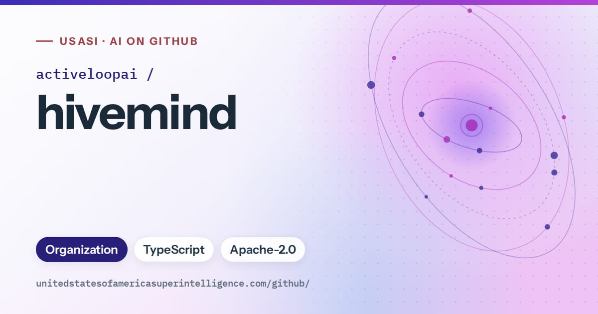 Generated blue orbit artwork for activeloopai/hivemind, labeled USASI · AI on GitHub, with Organization · TypeScript · Apache-2.0.