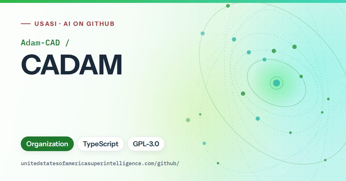 Generated green orbit artwork for Adam-CAD/CADAM, labeled USASI · AI on GitHub, with Organization · TypeScript · GPL-3.0.