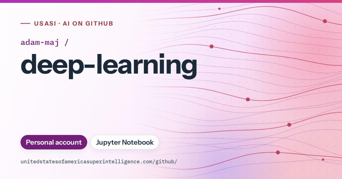 Generated purple flowing-wave artwork for adam-maj/deep-learning, labeled USASI · AI on GitHub, with Personal account · Jupyter Notebook.