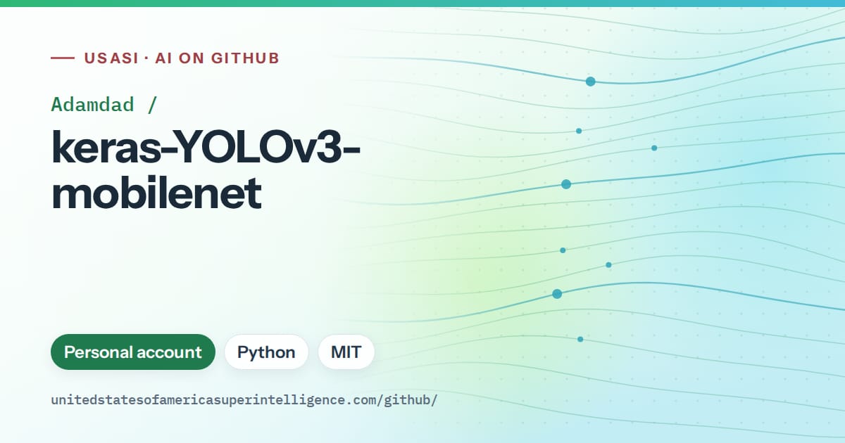 Generated teal flowing-wave artwork for Adamdad/keras-YOLOv3-mobilenet, labeled USASI · AI on GitHub, with Personal account · Python · MIT.