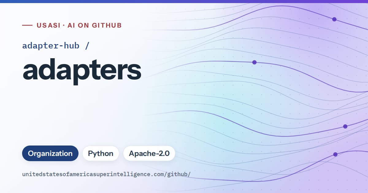 Generated blue flowing-wave artwork for adapter-hub/adapters, labeled USASI · AI on GitHub, with Organization · Python · Apache-2.0.