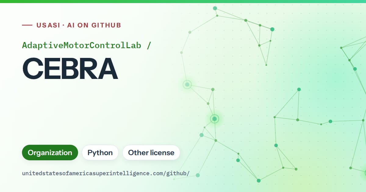 Generated green constellation network artwork for AdaptiveMotorControlLab/CEBRA, labeled USASI · AI on GitHub, with Organization · Python · Other license.