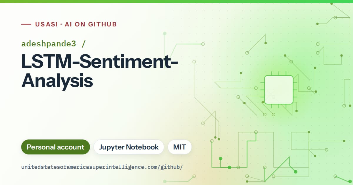 Generated green circuit-trace artwork for adeshpande3/LSTM-Sentiment-Analysis, labeled USASI · AI on GitHub, with Personal account · Jupyter Notebook · MIT.