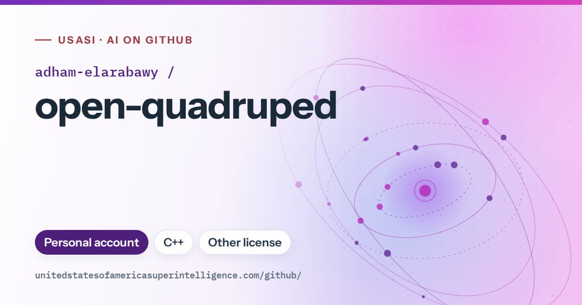 Generated violet orbit artwork for adham-elarabawy/open-quadruped, labeled USASI · AI on GitHub, with Personal account · C++ · Other license.