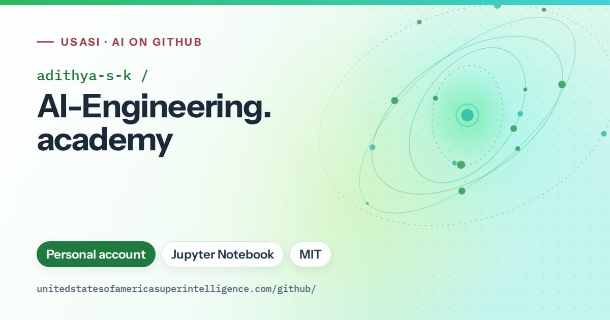 Generated green orbit artwork for adithya-s-k/AI-Engineering.academy, labeled USASI · AI on GitHub, with Personal account · Jupyter Notebook · MIT.