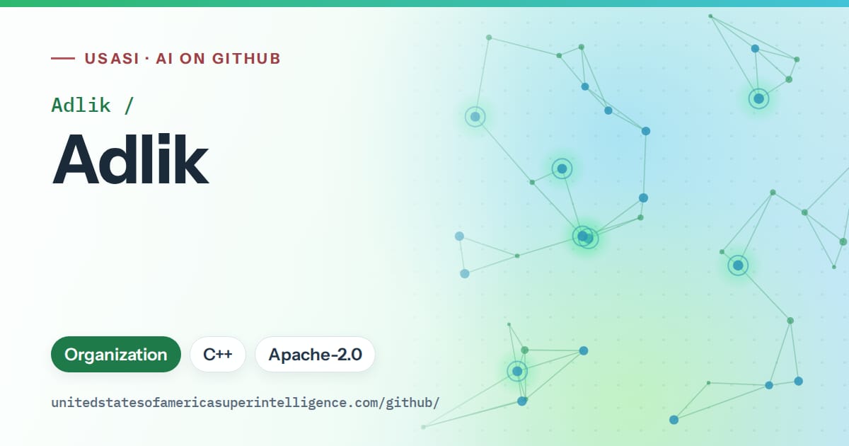 Generated green constellation network artwork for Adlik/Adlik, labeled USASI · AI on GitHub, with Organization · C++ · Apache-2.0.