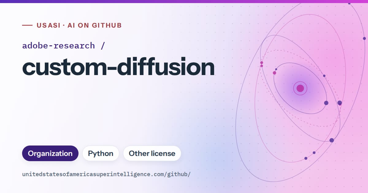Generated violet orbit artwork for adobe-research/custom-diffusion, labeled USASI · AI on GitHub, with Organization · Python · Other license.