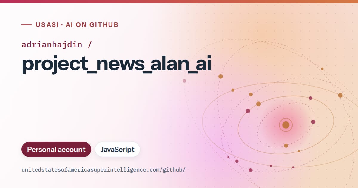 Generated pink orbit artwork for adrianhajdin/project_news_alan_ai, labeled USASI · AI on GitHub, with Personal account · JavaScript.