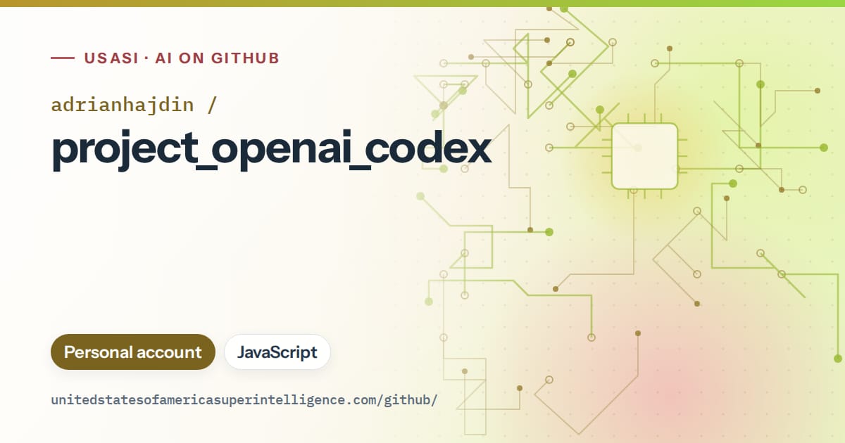 Generated green circuit-trace artwork for adrianhajdin/project_openai_codex, labeled USASI · AI on GitHub, with Personal account · JavaScript.