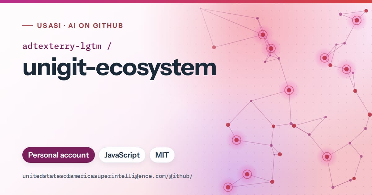 Generated pink constellation network artwork for adtexterry-lgtm/unigit-ecosystem, labeled USASI · AI on GitHub, with Personal account · JavaScript · MIT.