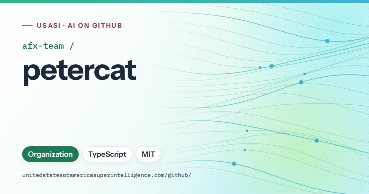 Generated teal flowing-wave artwork for afx-team/petercat, labeled USASI · AI on GitHub, with Organization · TypeScript · MIT.