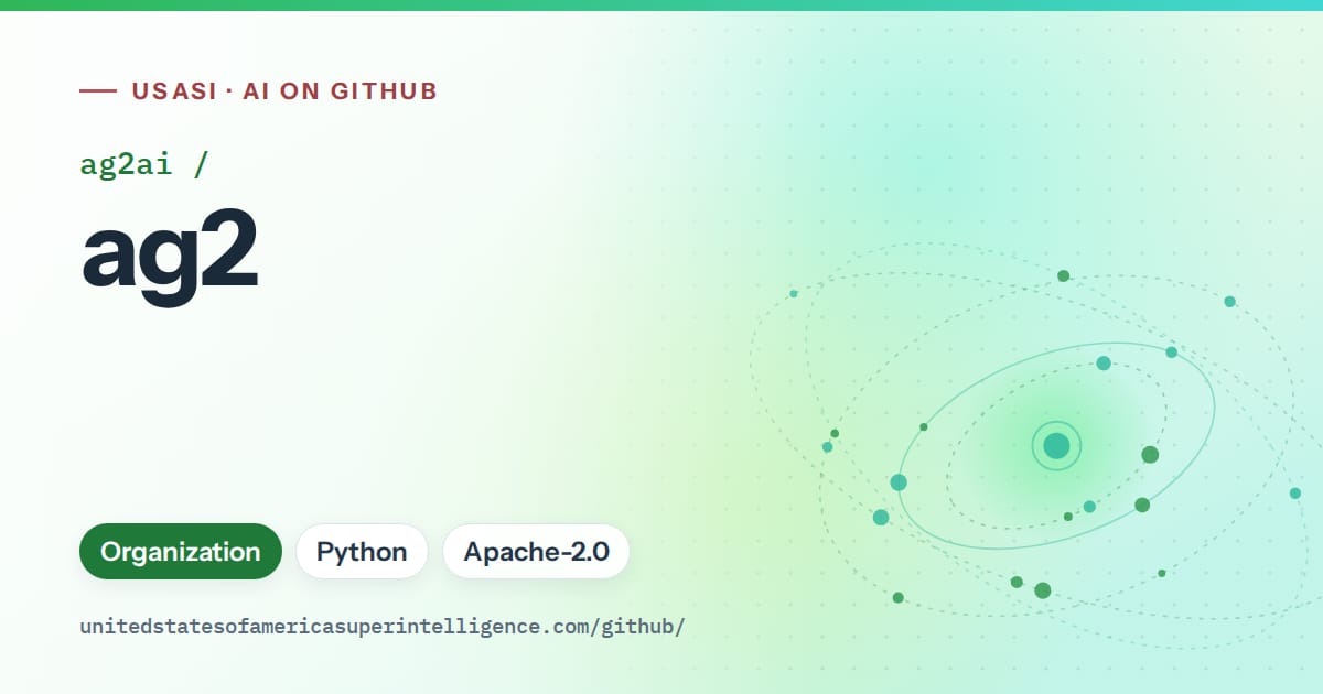 Generated green orbit artwork for ag2ai/ag2, labeled USASI · AI on GitHub, with Organization · Python · Apache-2.0.