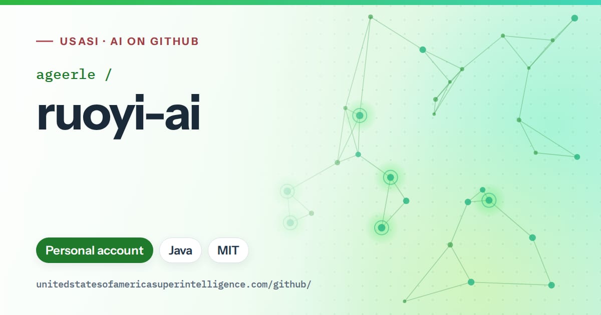 Generated green constellation network artwork for ageerle/ruoyi-ai, labeled USASI · AI on GitHub, with Personal account · Java · MIT.