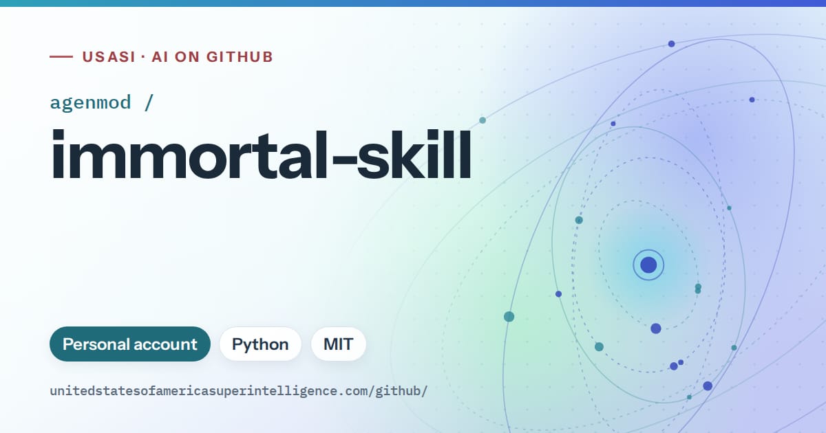 Generated sky blue orbit artwork for agenmod/immortal-skill, labeled USASI · AI on GitHub, with Personal account · Python · MIT.