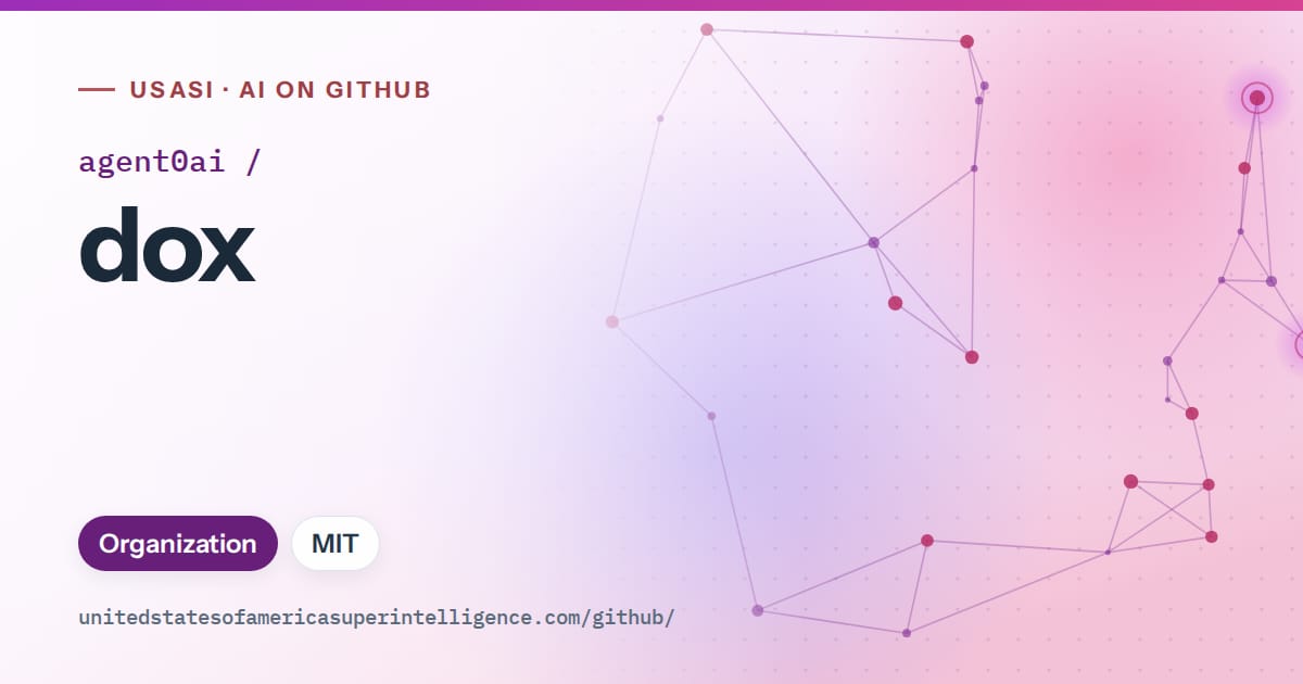 Generated purple constellation network artwork for agent0ai/dox, labeled USASI · AI on GitHub, with Organization · MIT.