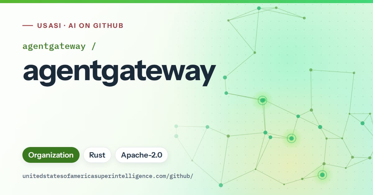 Generated green constellation network artwork for agentgateway/agentgateway, labeled USASI · AI on GitHub, with Organization · Rust · Apache-2.0.