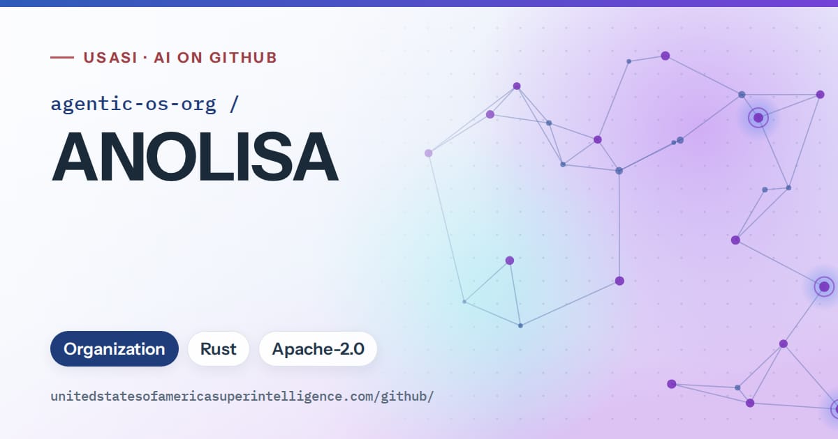 Generated blue constellation network artwork for agentic-os-org/ANOLISA, labeled USASI · AI on GitHub, with Organization · Rust · Apache-2.0.