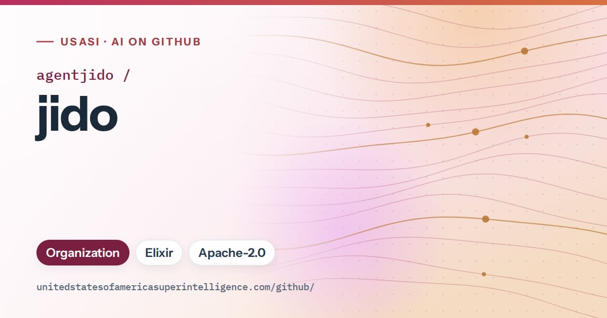 Generated pink flowing-wave artwork for agentjido/jido, labeled USASI · AI on GitHub, with Organization · Elixir · Apache-2.0.