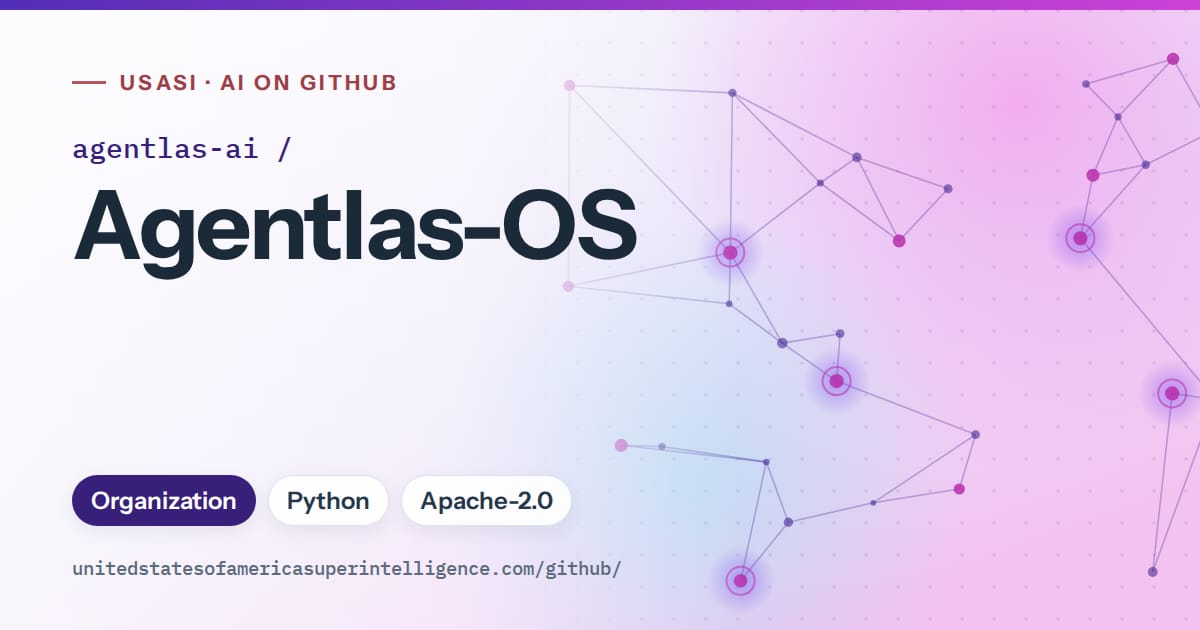 Generated violet constellation network artwork for agentlas-ai/Agentlas-OS, labeled USASI · AI on GitHub, with Organization · Python · Apache-2.0.